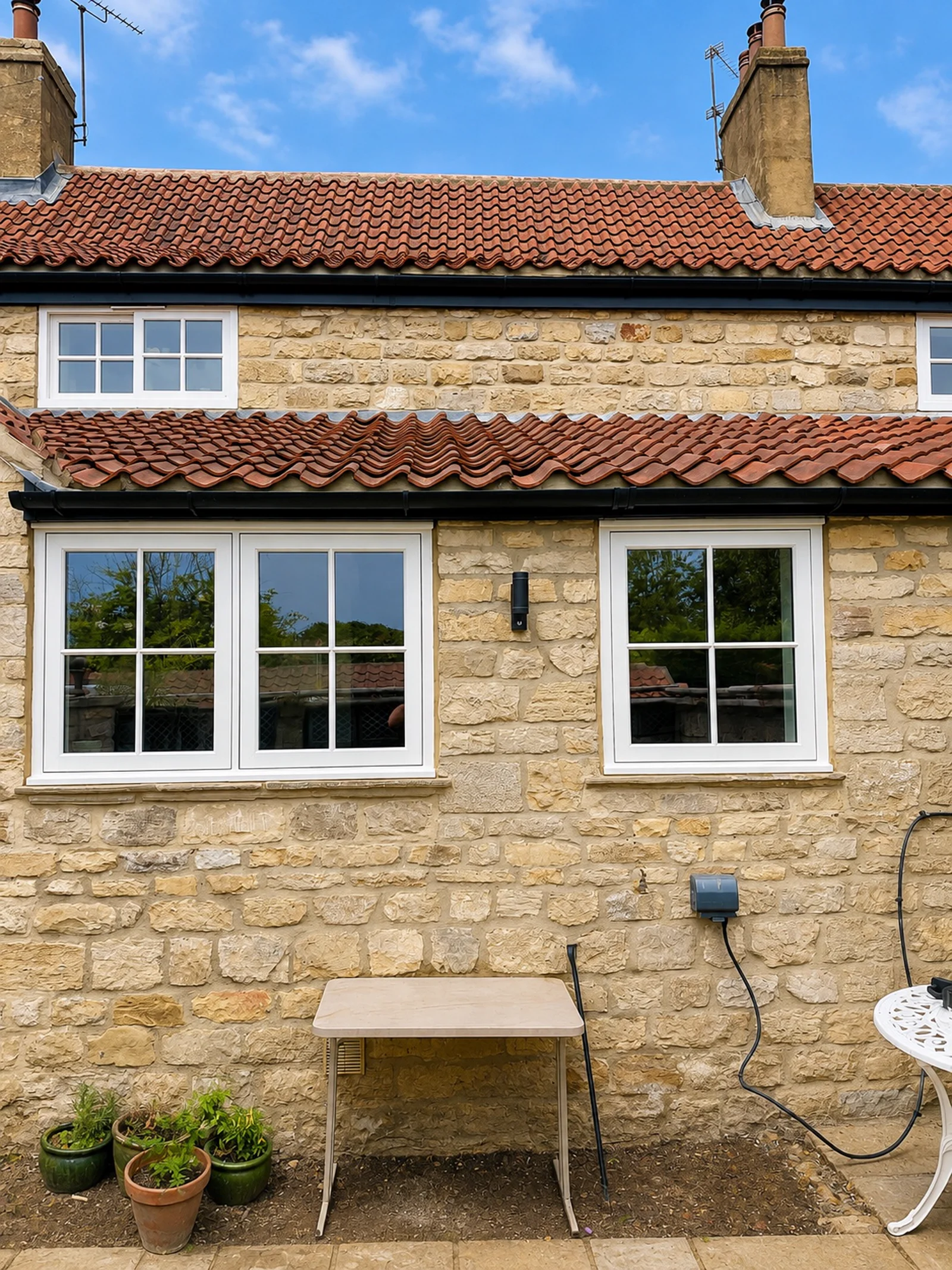 Pair of Accoya flush casement windows on a Yorkshire stone cottage, Bramham