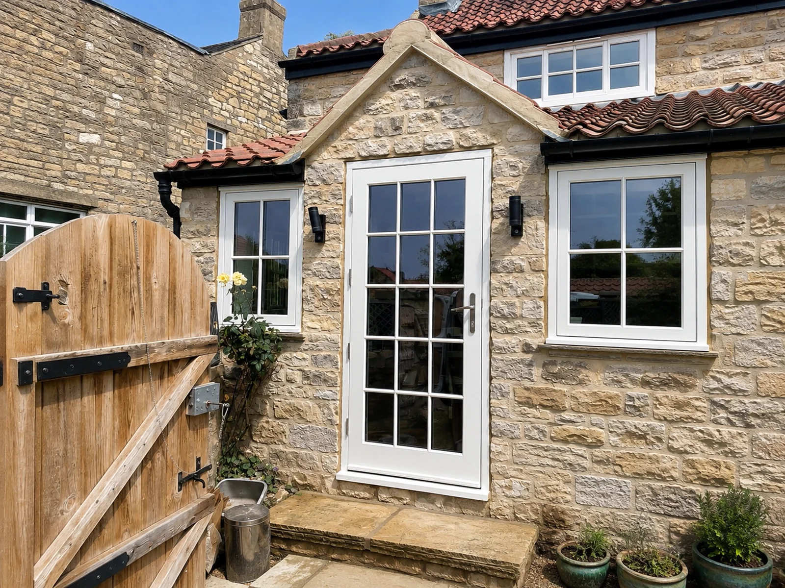 Accoya French doors with Georgian bar glazing, flanked by flush casement windows, Bramham cottage