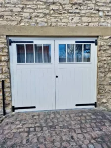 White · Georgian Bar — Cottage garage — York. Handcrafted timber by Bailey Hague Joinery, Yorkshire.