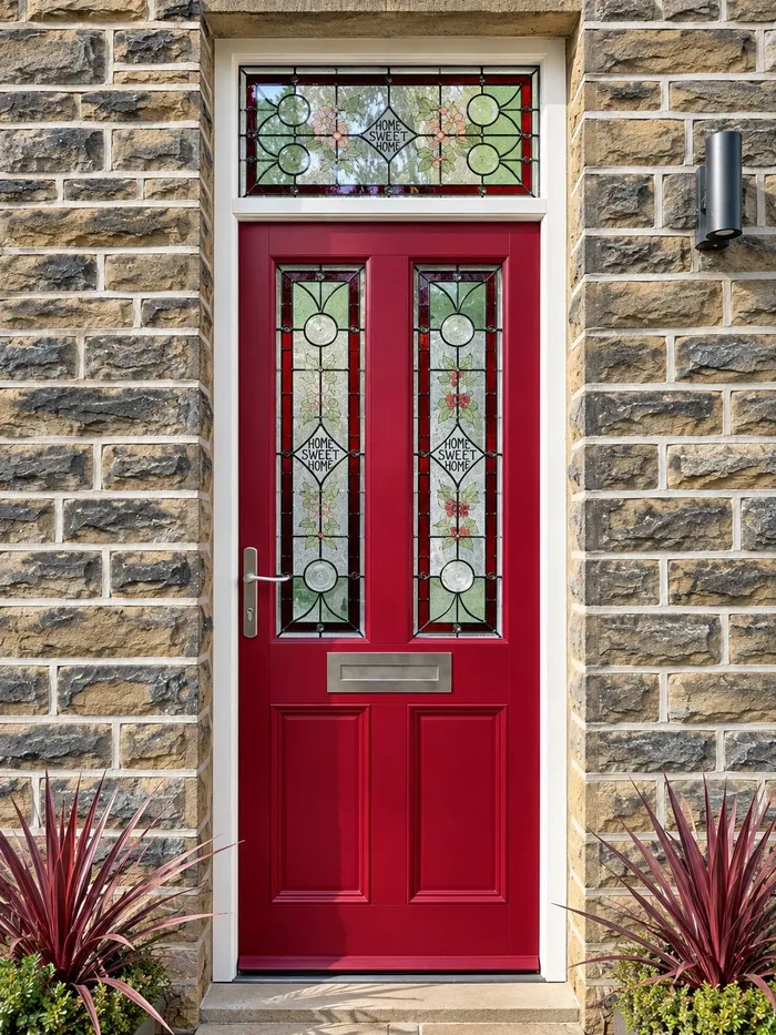 Red hardwood front door near Halifax with specially made stained glass and Coastal brushed stainless steel lever handle and letterplate