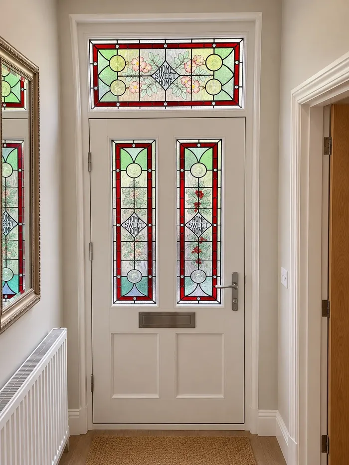 Pale interior of the hardwood door near Halifax with floral stained glass, Home Sweet Home lettering and matching overlight