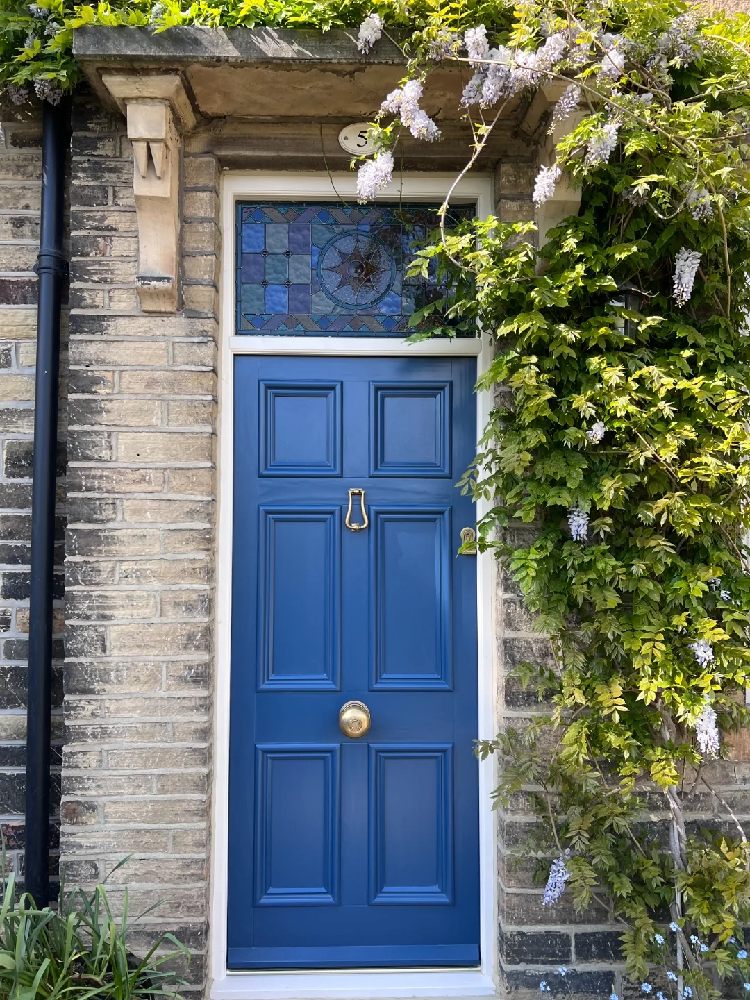 Cobalt blue Georgian front door with stained glass compass transom and wisteria — bespoke Accoya heritage door by Bailey Hague Joinery, York.