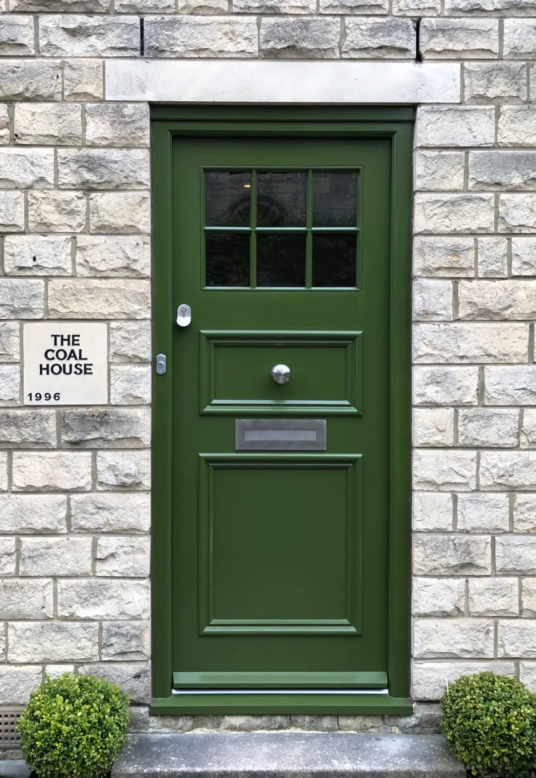 Olive green cottage front door — The Coal House, Wetherby. Bespoke heritage timber door by Bailey Hague Joinery.