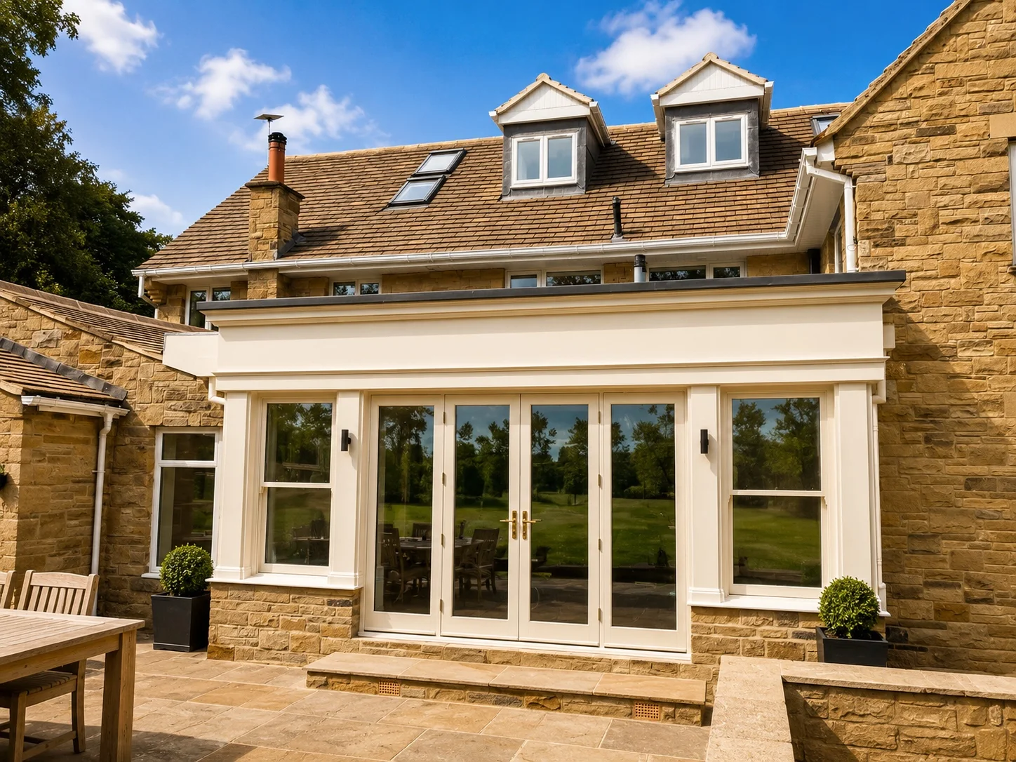 Front view of the Scarcroft Accoya orangery with sash windows, central French doors and a detailed cornice