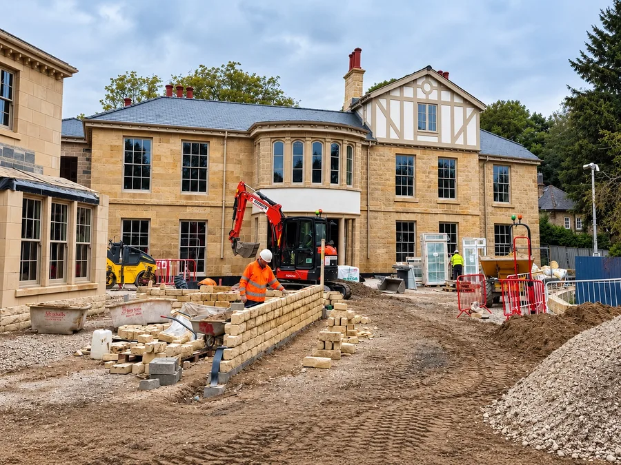 Stone property in Scarcroft with timber windows and renovation work underway