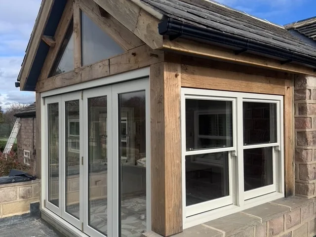 Oak-framed extension with bifolds and sash windows, Wetherby