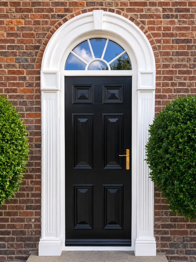Bespoke black arched 6-panel timber front door with radial fanlight, York