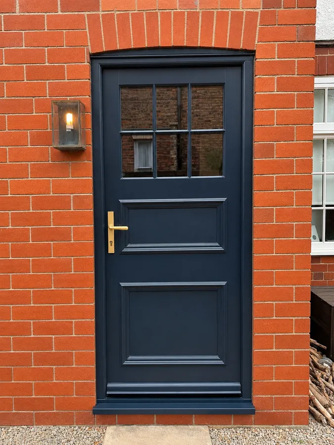 Navy timber entrance door with cottage-bar glazing and brass lever, York
